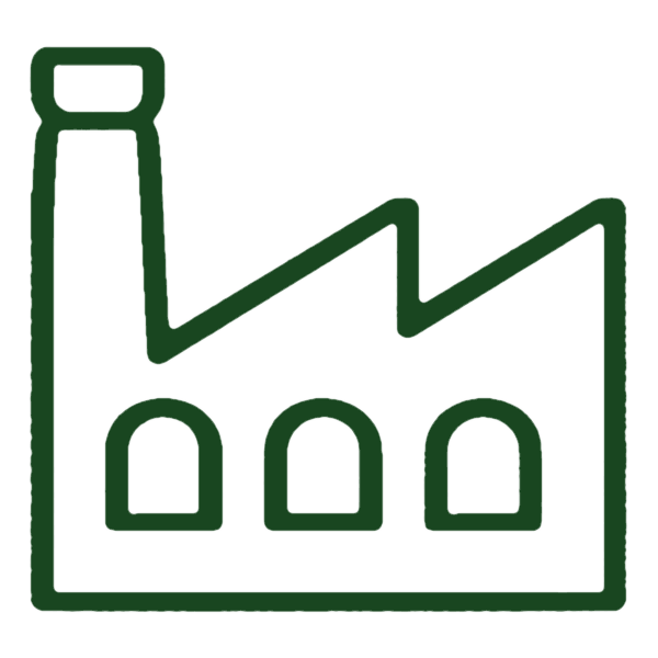 Green factory icon with a chimney and three rooftops.