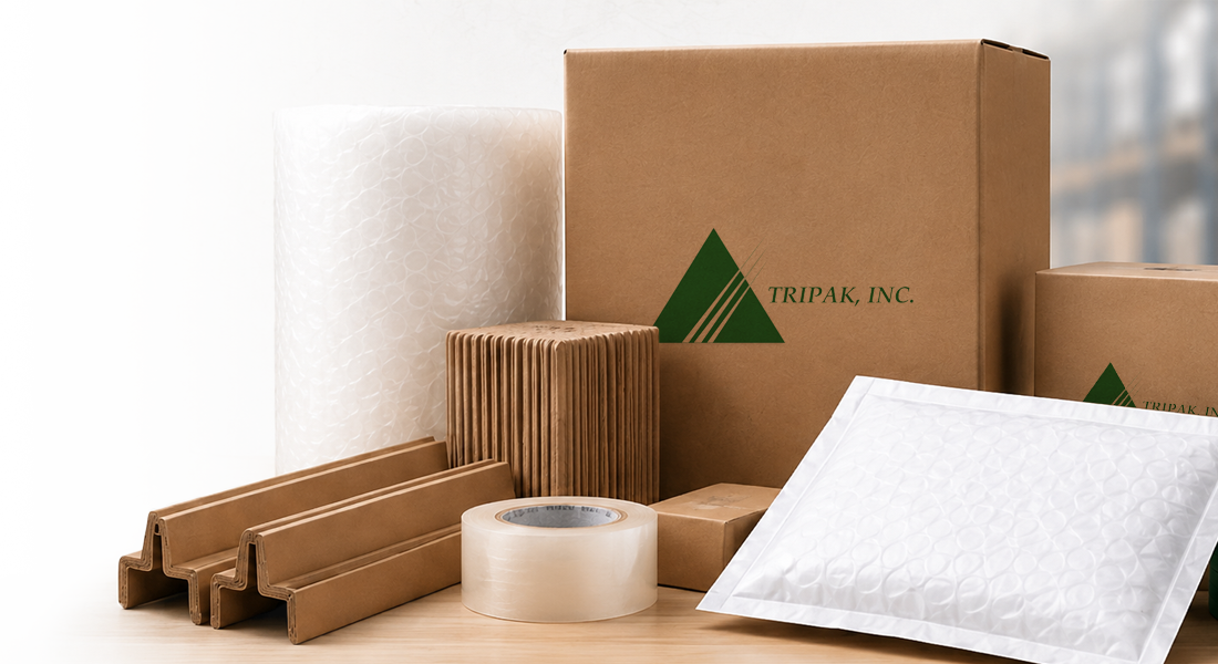 FAQs Header A variety of packing materials, including boxes, bubble wrap, and packing tape, featuring the logo "TRIPAK, INC."