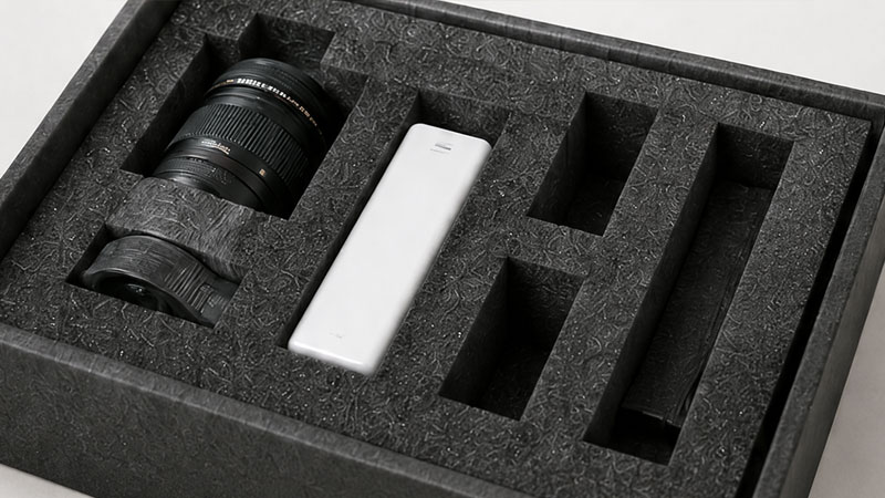 Black foam insert in a box holding a camera lens and a white device, with empty compartments.
