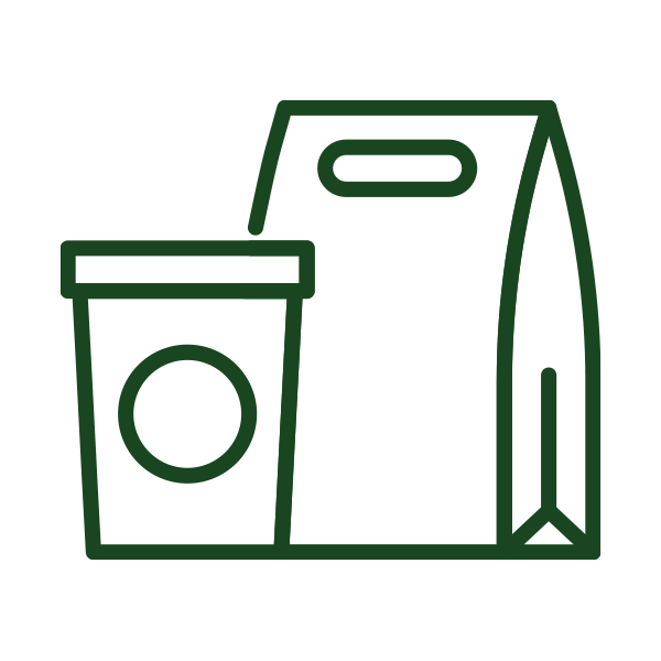 Line drawing of a takeout container and a paper bag in dark green.