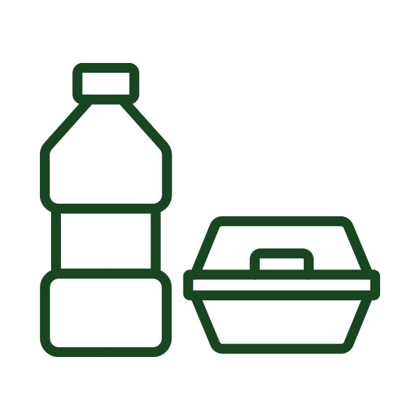 A line drawing of a water bottle and a takeout food container.