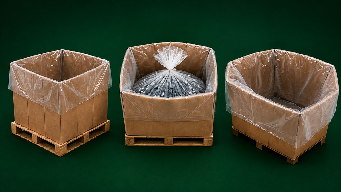 Three cardboard containers lined with clear plastic on wooden pallets, with the middle one containing a bag of dark material.