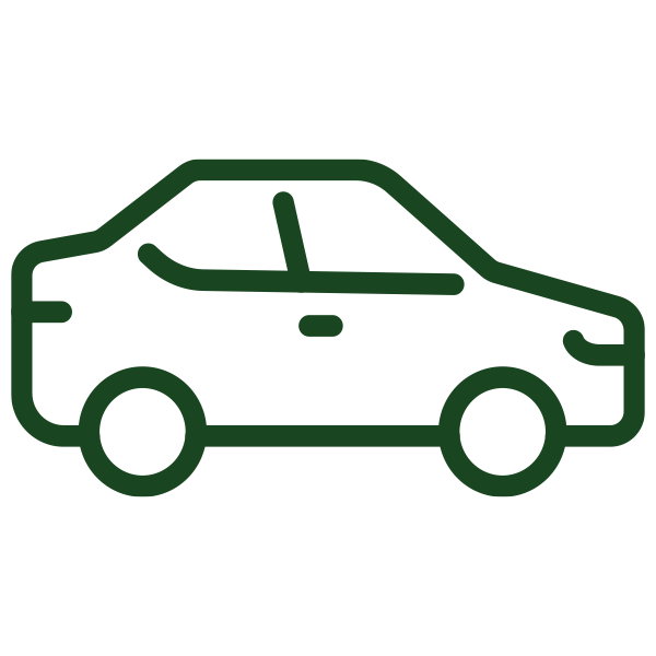 A minimalist green line drawing of a car on a white background.