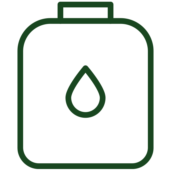 A green outline of a container with a droplet icon in the center on a black background, symbolizing liquid storage or fluid content.