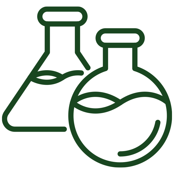 Icon of an Erlenmeyer flask and a round-bottom flask outlined in dark green.
