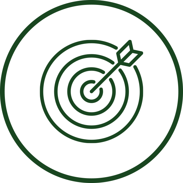 Bullseye Icon A dark green line icon of a bullseye target with an arrow hitting the center, enclosed within a circular border on a light background.