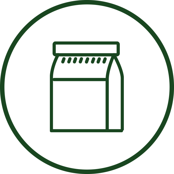 Line drawing of a rectangular package with a top closure inside a green circle.
