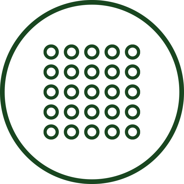 Matte Finish Icon A green circle encloses a grid of 25 evenly spaced green rings on a black background, creating a minimalist and geometric design.