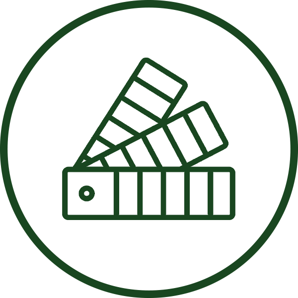Print Icon A dark green outline of a color swatch fan on a black background, encircled. Represents color selection, design, and creativity.