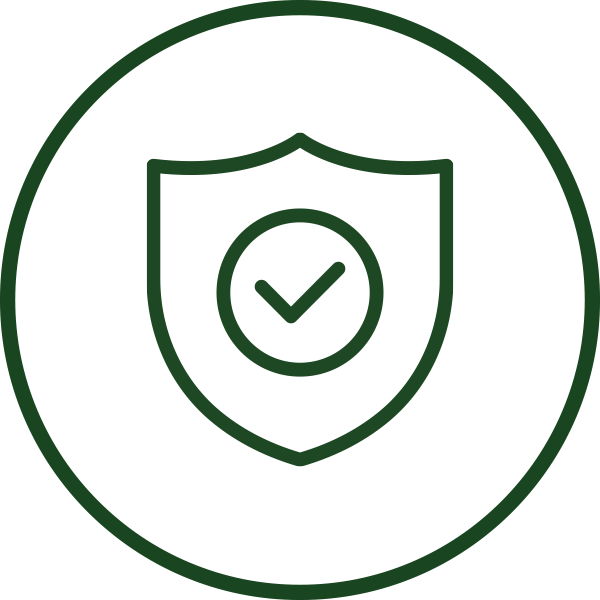 Shield Icon Green outlined shield with a checkmark, encircled by a ring.