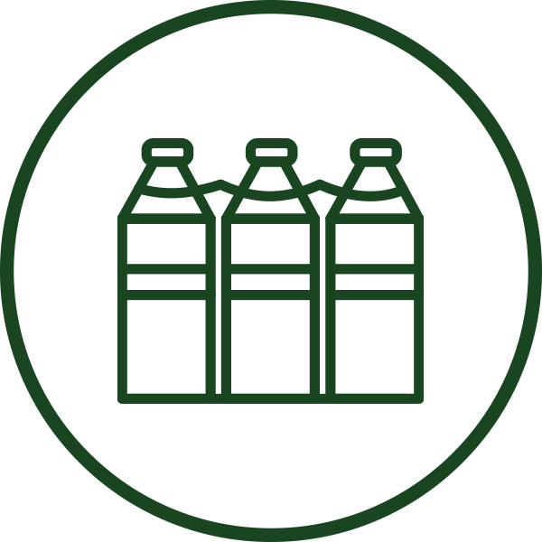 Icon of three plastic bottles outlined in dark green within a circular border.
