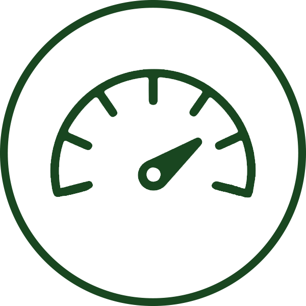 A green speedometer icon with a needle pointing right.