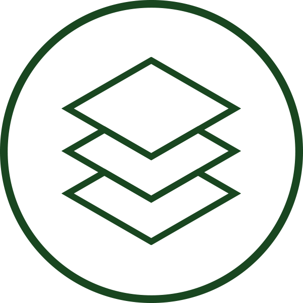 Stack Icon Icon with three overlapping green squares inside a green circle.