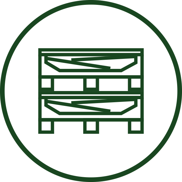 Green line drawing of a 265 Gallon Returnable IBC stacked in a green circle.