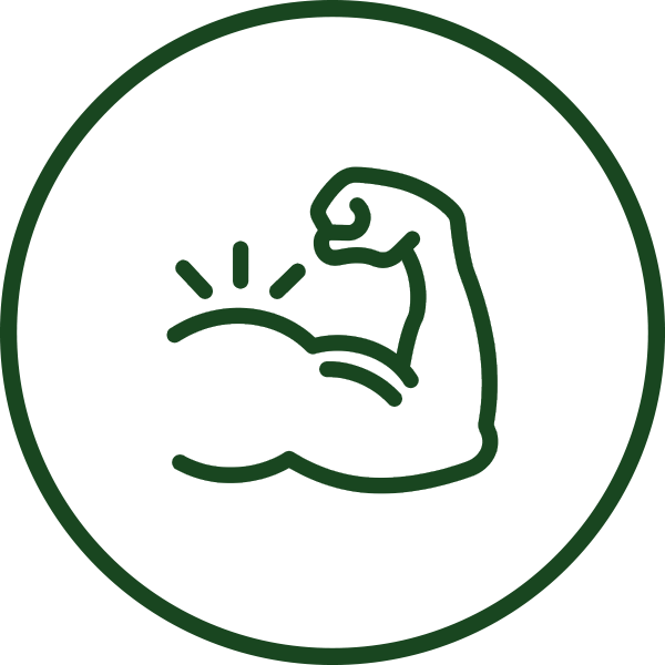 Icon of a green flexed bicep within a circular border on a white background.