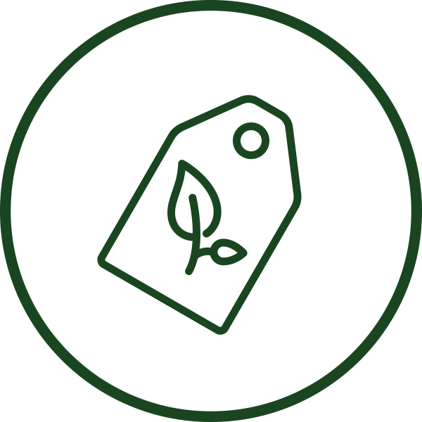 Tag Icon A green price tag with a leaf design inside a green circle on a white background.