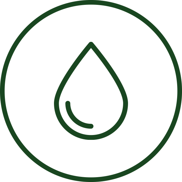 A dark green outline of a droplet inside a circle.