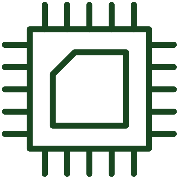 A simplistic dark green line drawing of a microchip on a black background, featuring a central square and radiating lines, symbolizing technology.