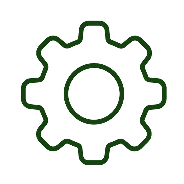 A green line drawing of a gear with eight teeth.