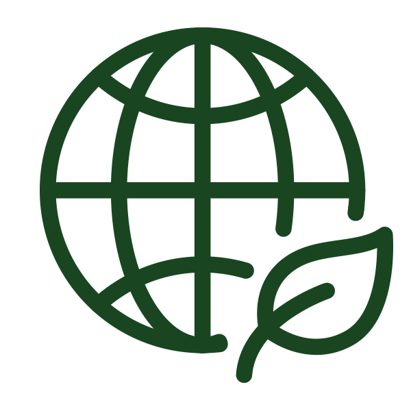 Green outline of a globe with a leaf attached.