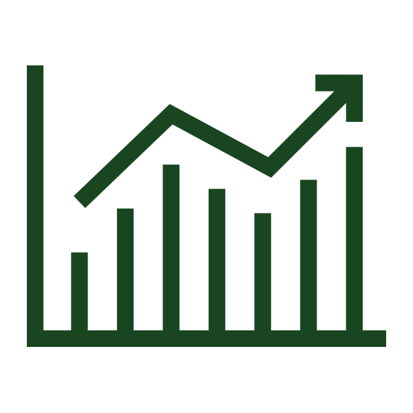 Green line graph with upward trend arrow.