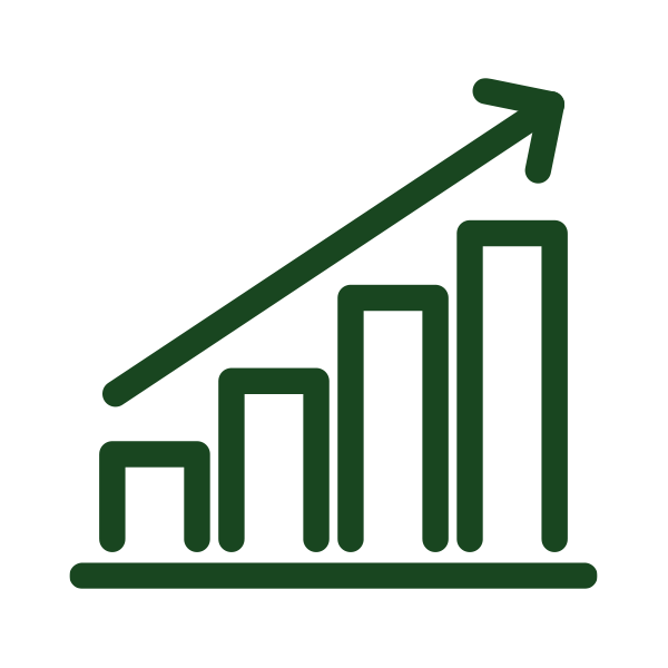 Dark green bar chart with four increasing bars and an upward arrow on a white background.