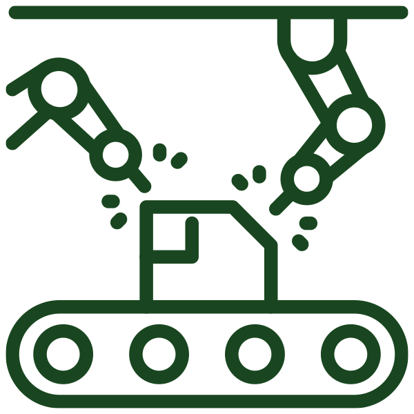 Icon of a green robot with two mechanical arms over a rectangular base, styled like a conveyor belt. The design suggests automation or manufacturing.
