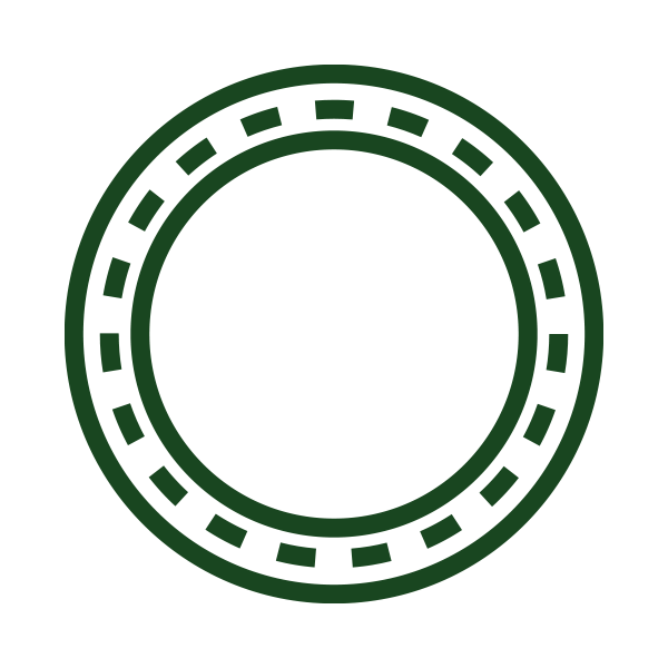 A dark green circle with smaller white rectangles creating a dashed pattern along the edge.