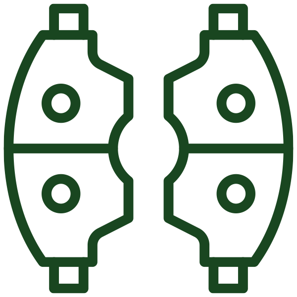 Green outline of brake pads on a black background, showing a symmetrical design with circular holes, conveying a mechanical and automotive theme.