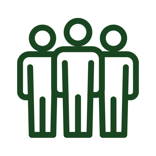 Three green stylized human figures on a white background.