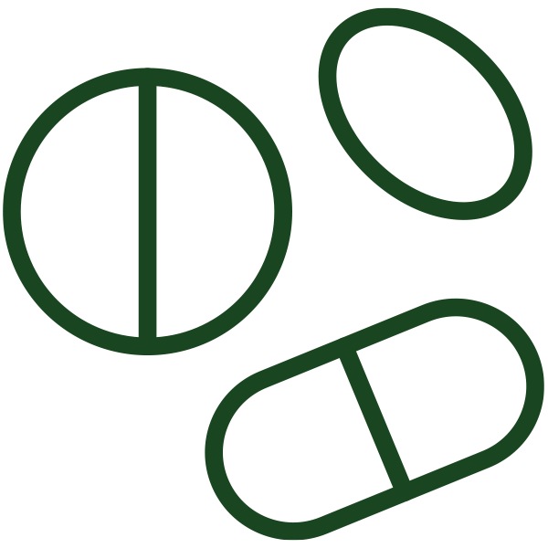 Illustration of three pills in dark green outlines on a black background, including a circle, an oval, and an elongated capsule shape.