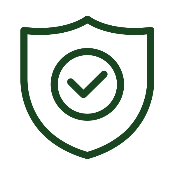 Dark green shield outline with a checkmark inside.