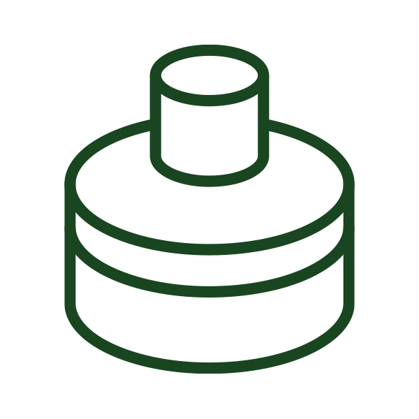 Icon of a two-tier cylindrical shape with a smaller cylinder on top in green lines.