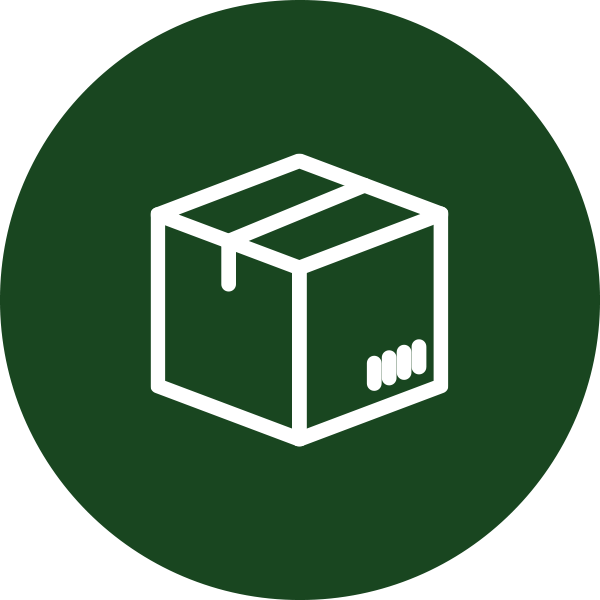 White cardboard box icon on a dark green circle background.