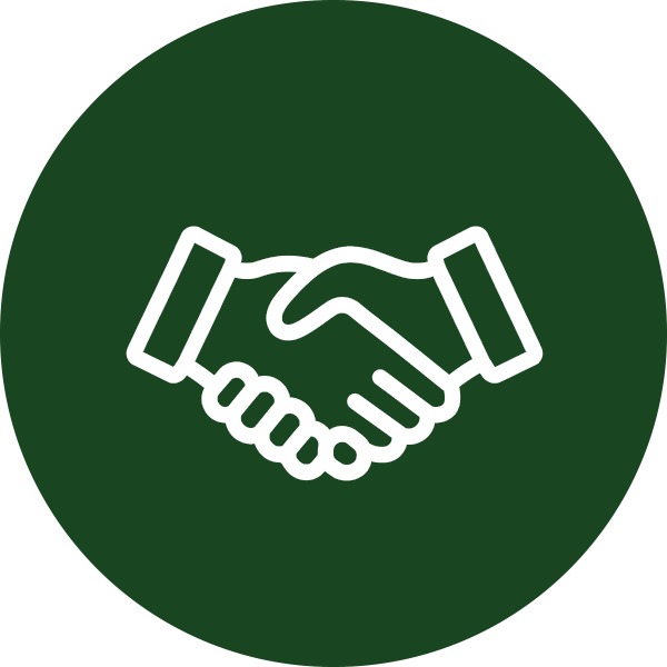 Icon of a white handshake on a dark green circle.
