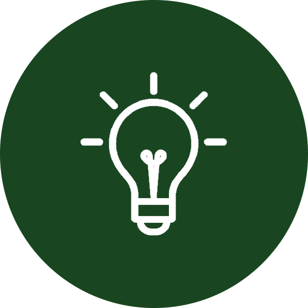 White light bulb icon on a dark green circular background.
