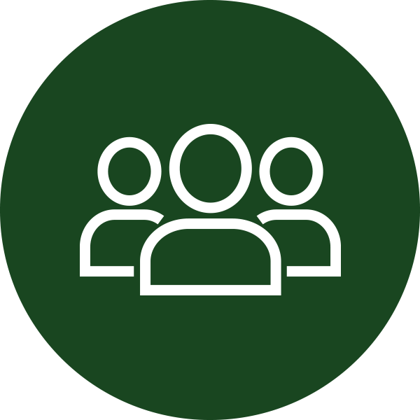 Icon of three stylized figures inside a green circle.