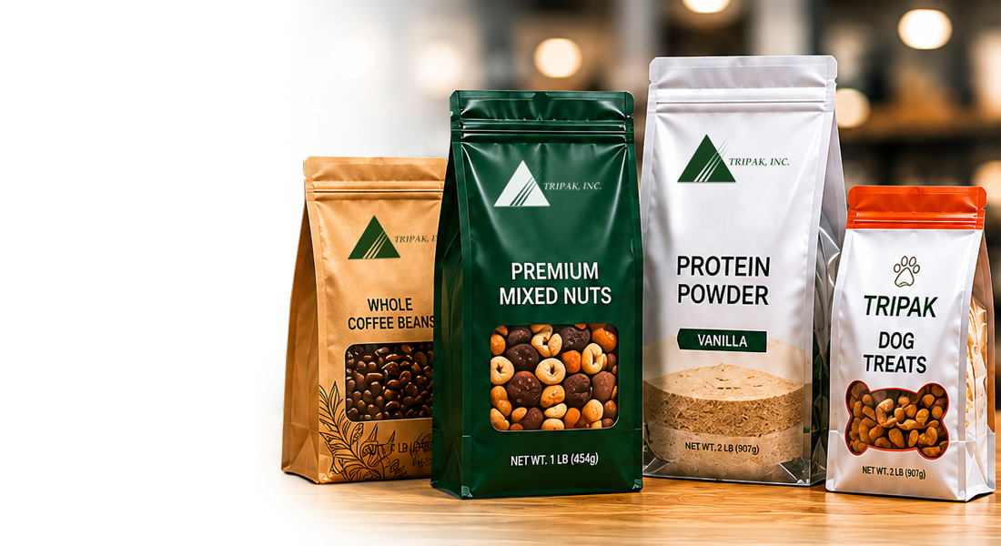 Four packages of TRIPAK, INC. products: whole coffee beans, premium mixed nuts, vanilla protein powder, and dog treats.