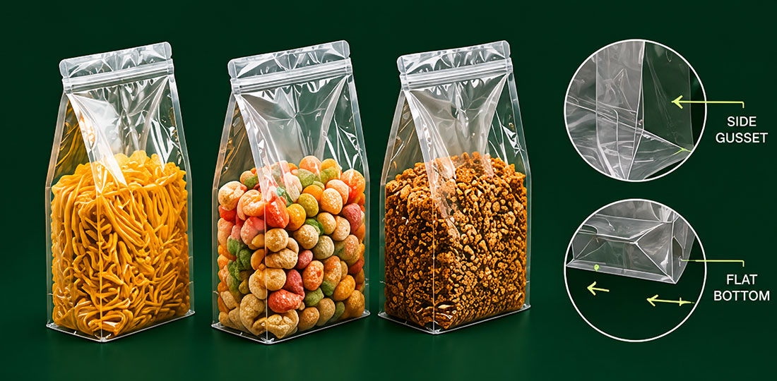 Three clear gusseted bags with snacks and structural detail insets labeled "Side Gusset" and "Flat Bottom."