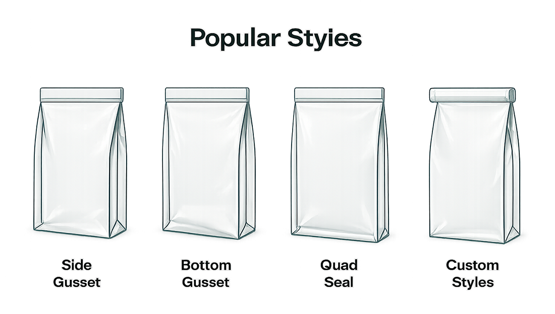 Four types of packaging styles: Side Gusset, Bottom Gusset, Quad Seal, and Custom Styles.