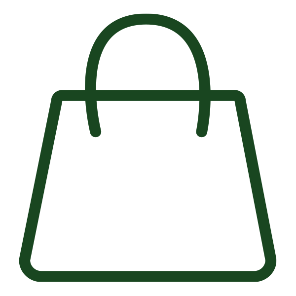 Icon of a shopping bag outlined in dark green on a white background.