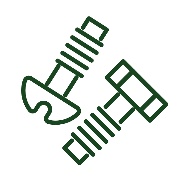 Green outline of crossed climbing tools, a camming device and a hex nut, on a white background.