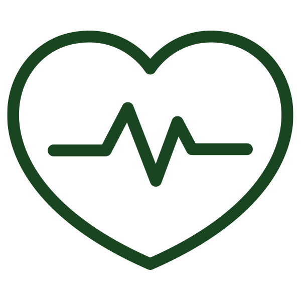 A dark green outline of a heart with a heartbeat line inside on a white background.