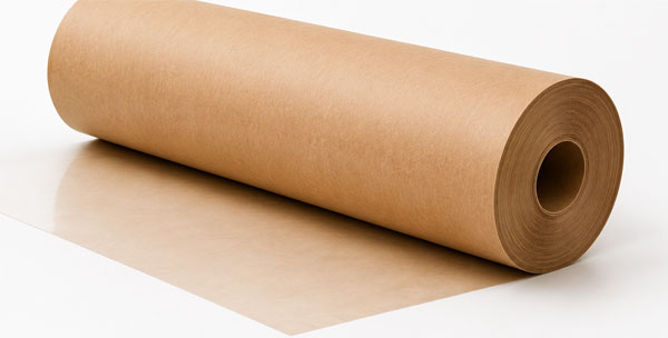 A large roll of brown kraft paper with a portion unrolled on a white background.