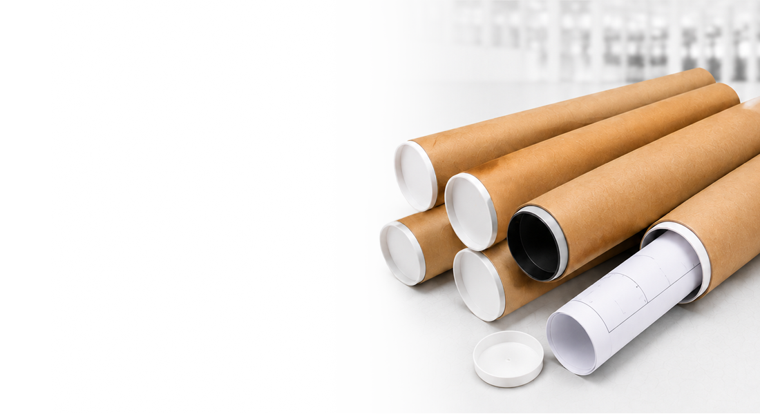 Brown mailing tubes with white caps, one open showing rolled paper inside.