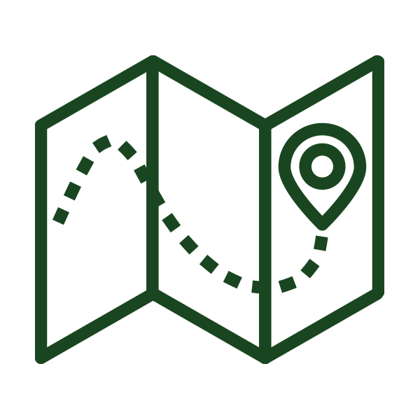 Icon of a folded map with a path and location pin in dark green.
