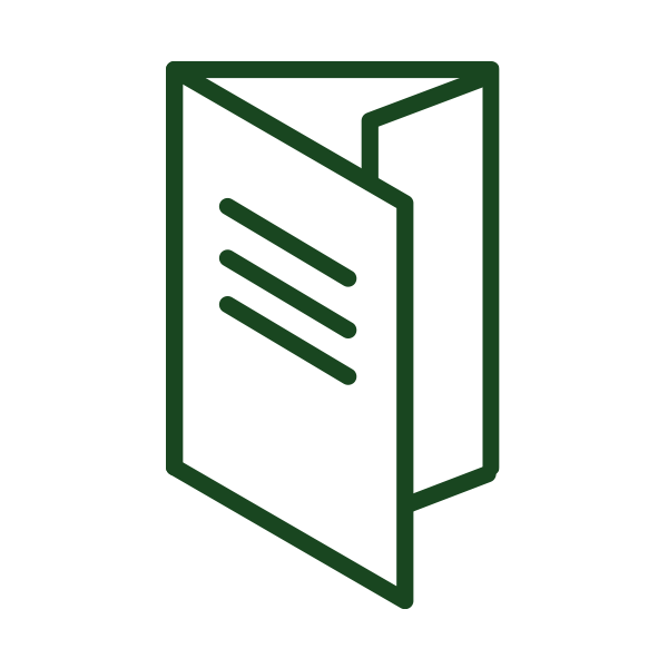Icon of a folded pamphlet or brochure with a dark green outline on a white background.