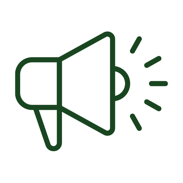 Green outline of a megaphone icon with sound waves on a white background.