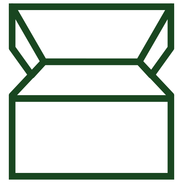 Line drawing of an open box with a dark green outline on a white background.