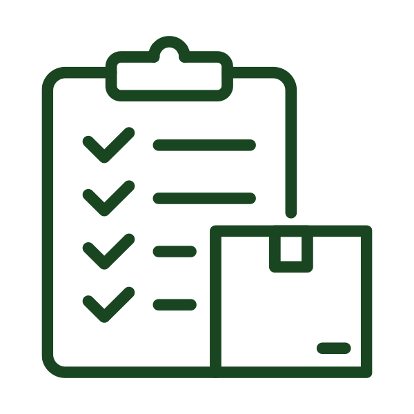 Green line drawing of a clipboard with a checklist and a small box.
